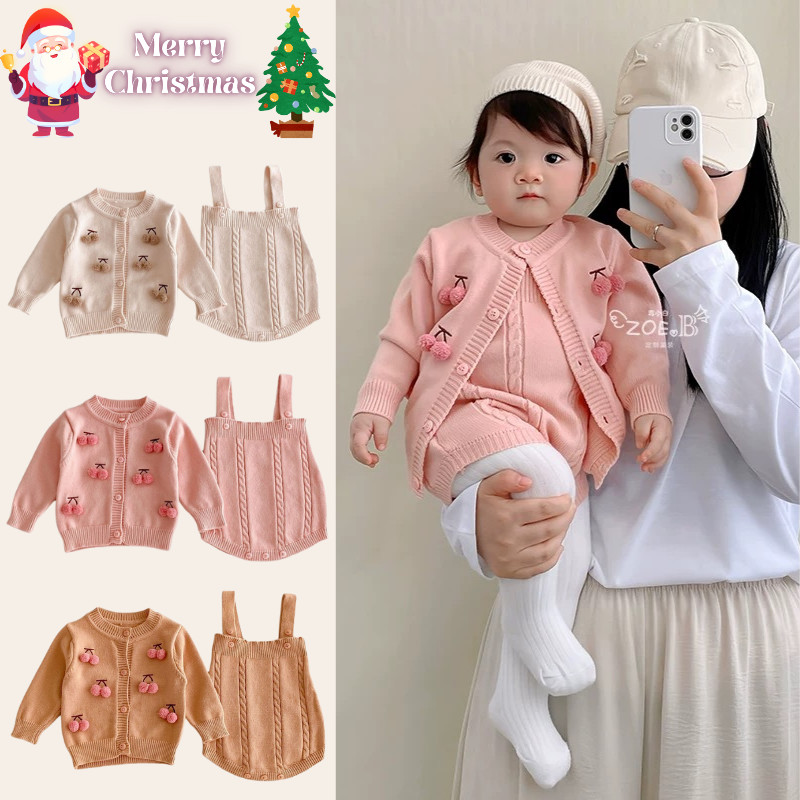 Christmas Baby สามมิติ Cherry Coat + suspender Romper ถักชุดสองชิ้น