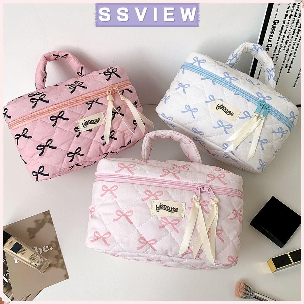 Stillsaview กระเป๋าเครื่องสําอาง, กระเป๋าเก็บเครื่องแป้งโบว์โบว์ความจุขนาดใหญ่, กระเป๋าควิลท์ซิปน่ารักมัลติฟังก์ชั่นถุงเก็บจิปาถะ