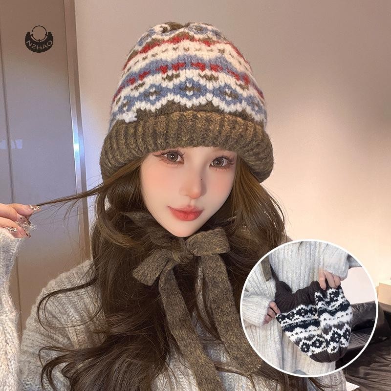 N2hao Retro ลายสก๊อตถัก Beanies หมวกผู้หญิงฤดูใบไม้ร่วงและฤดูหนาว Travel Warm Casual อเนกประสงค์เกาหลี Balaclava หมวก A