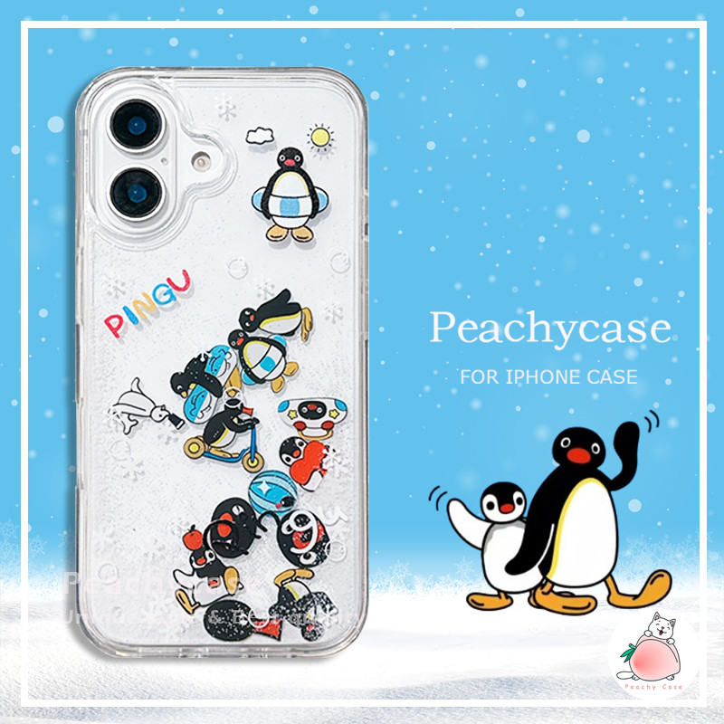 Kawaii Pingu Penguin Slider เกล็ดหิมะ Quicksand เคสโทรศัพท์สําหรับ iPhone 16 15 14 13 12 Pro Max 11 16 PLUS อะคริลิคโปร่งใส Shock Proof ฝาครอบปลอก