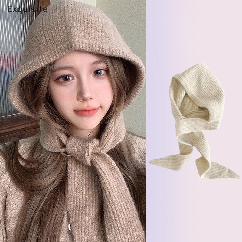 [ประณีต] หมวกคลุมด้วยผ้าฤดูหนาว Knitg หมวก Beanies อบอุ่นสําหรับผู้หญิงสาวสีทึบกลางแจ้ง Cold-proof Bonnet แฟชั่นหมวกอเนกประสงค์ของขวัญ [th]