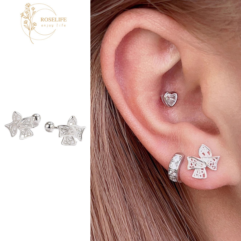 Roselife 2 ชิ้น Silver Hollow Bowknot สกรูต่างหูผู้หญิงแฟชั่นเจาะหู Studs เครื่องประดับอุปกรณ์เสริม