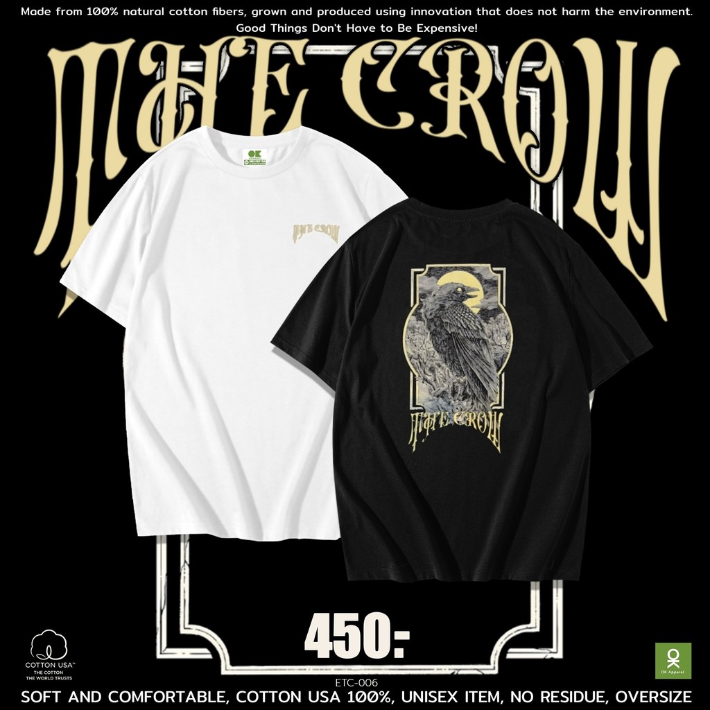 OK Apparel เสื้อยืดคอกลม ลายกา The Crow ทรง oversize Cotton USA พร้อมส่ง
