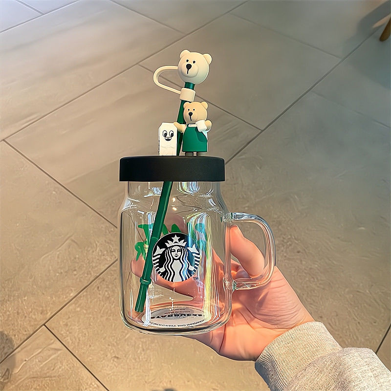 ★Ins Starbucks Cup แก้วฟางถ้วยหมีถ้วยกาแฟมูลค่าสูงเป็นมิตรกับสิ่งแวดล้อมพร้อมฝาปิด Mason แก้วน่ารักความจุขนาดใหญ่