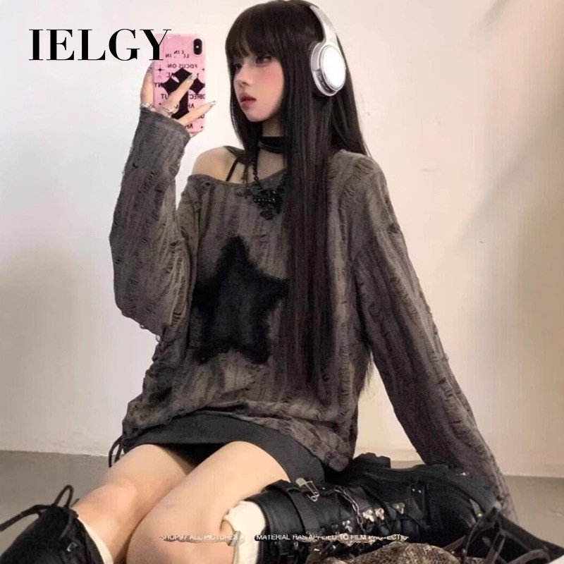 IELGY สไตล์อเมริกันสีเทาเสื้อยืดผู้หญิงขาดหลวมแขนยาวด้านบน