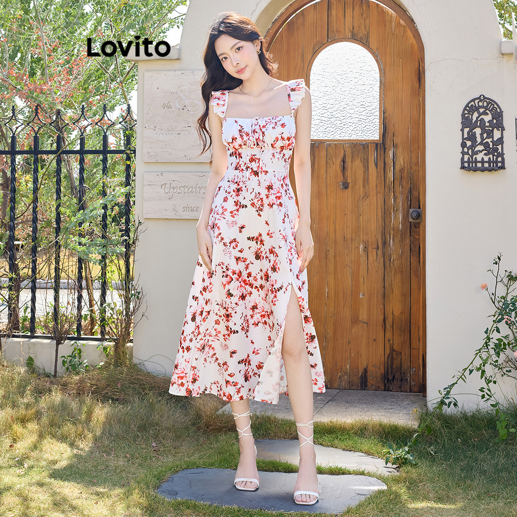Lovito ชุดเดรสลูกไม้ระบายลายดอกไม้เล็ก ๆ หรูหราสำหรับผู้หญิง L108ED099
