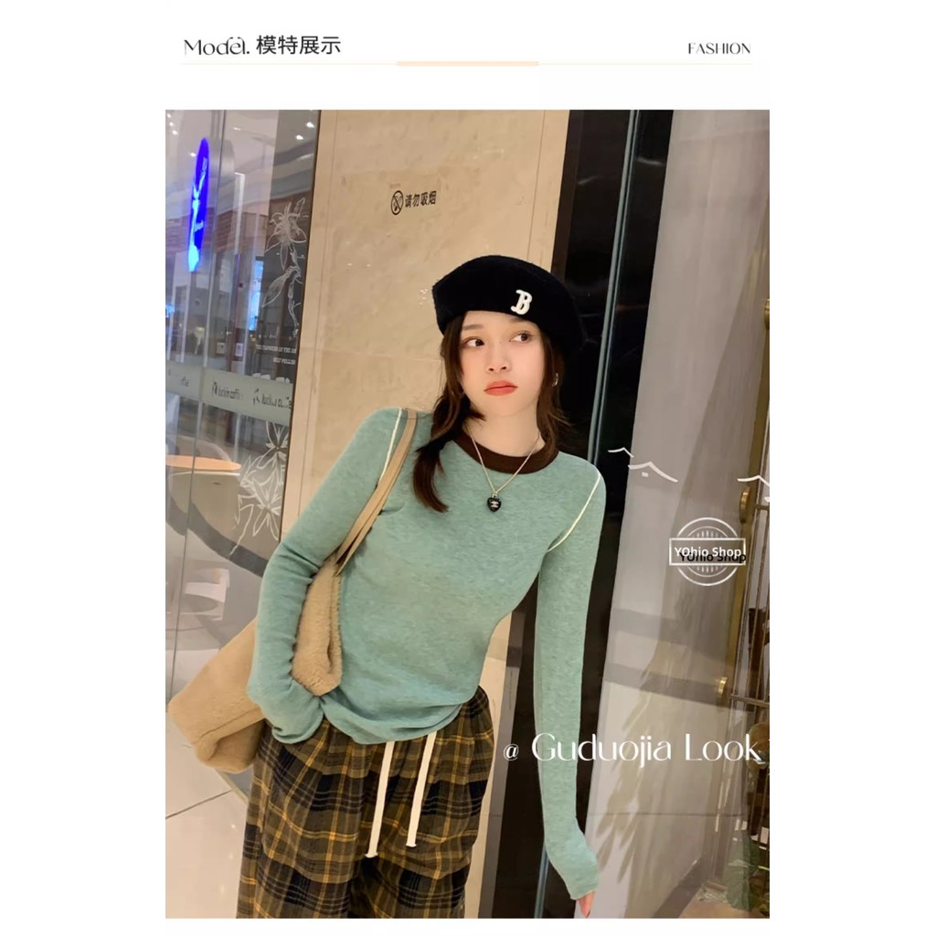 เสื้อยืดคอกลมฐานถักสีตัดกันระดับไฮเอนด์สําหรับฤดูใบไม้ร่วงของผู้หญิง - รูปที่ 4