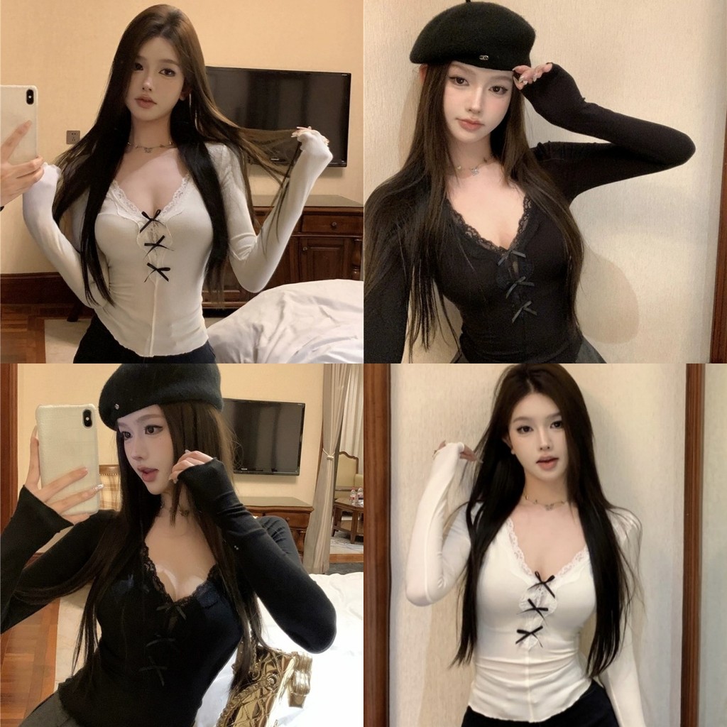 Anne เสื้อยืดผู้หญิง คอวี แต่งลูกไม้ โบว์ เข้ารูป ผ้านิ่ม เสื้อแขนยาว สไตล์ลำลอง ทรงสวย ใส่สบาย #10149
