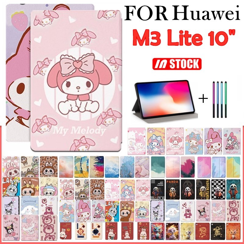 น่ารักการ์ตูน LABUBU สีชมพู Melody สําหรับ Huawei MediaPad M3 Lite 10 (10.1 นิ้ว) เด็กสมาร์ทขาตั้ง Mokoko Kuromi สตรอเบอร์รี่หมีหนังกันกระแทกฝาครอบ