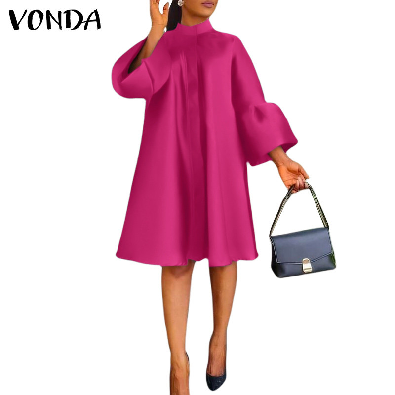 Vonda ชุดเดรสยาวถึงเข่าแขนยาวลําลองสไตล์วินเทจสําหรับผู้หญิง