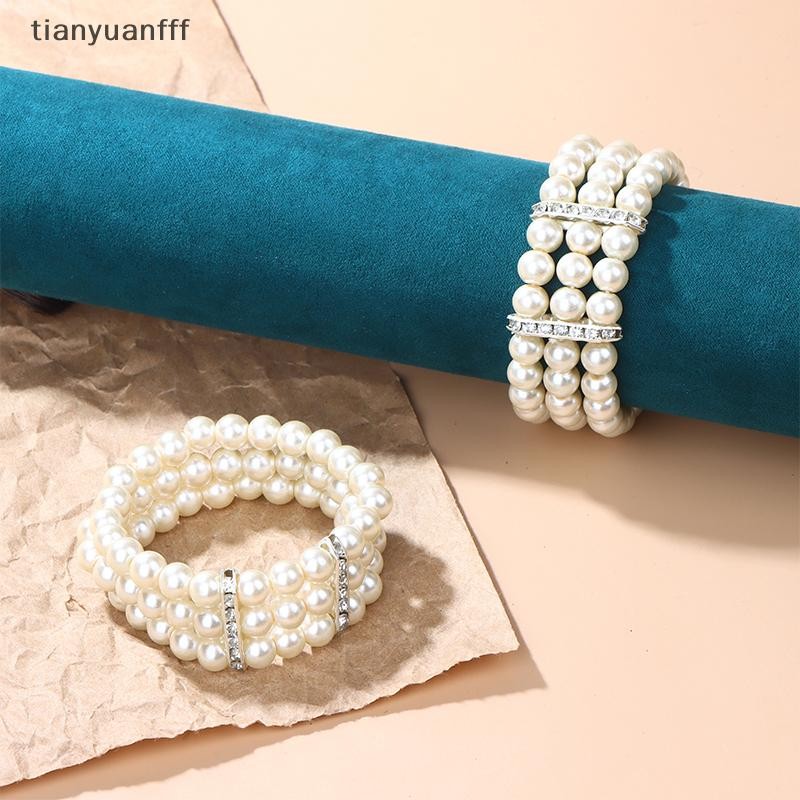 Tianyuanfff 3 แถว Pearl Rhinestone สร้อยข้อมือความยืดหยุ่นสร้อยข้อมือจําลอง Pearl Multilayer ลูกปัดกําไลข้อมือผู้หญิงเครื่องประดับของขวัญ Well
