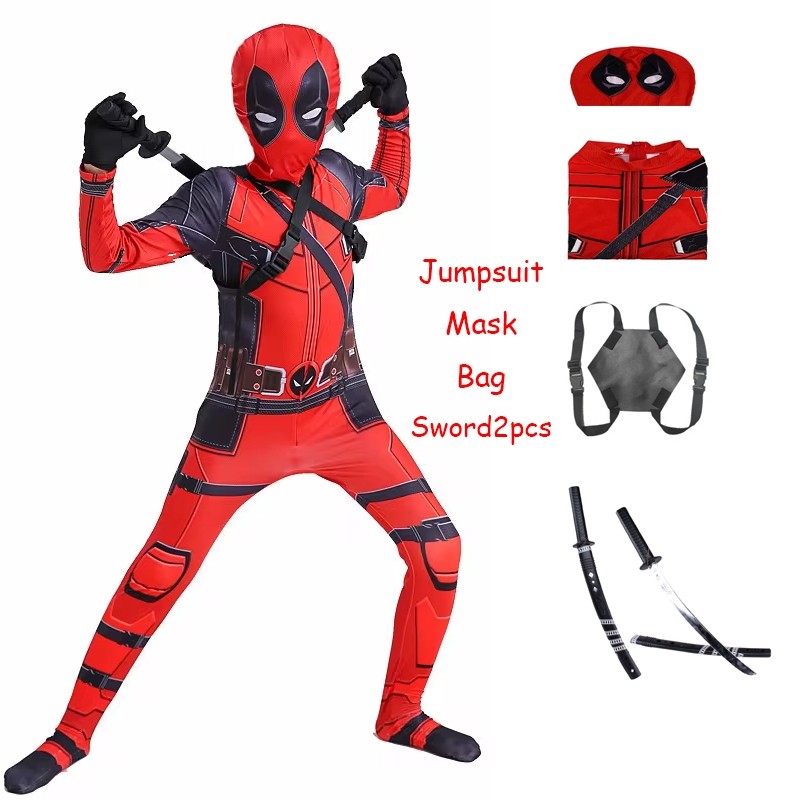 Deadpool เครื่องแต่งกายสําหรับเด็ก Boy Red Jumpsuit หน้ากากกระเป๋าดาบ Terno สําหรับผู้ใหญ่ผู้ชาย Mavel Superhero Zentai