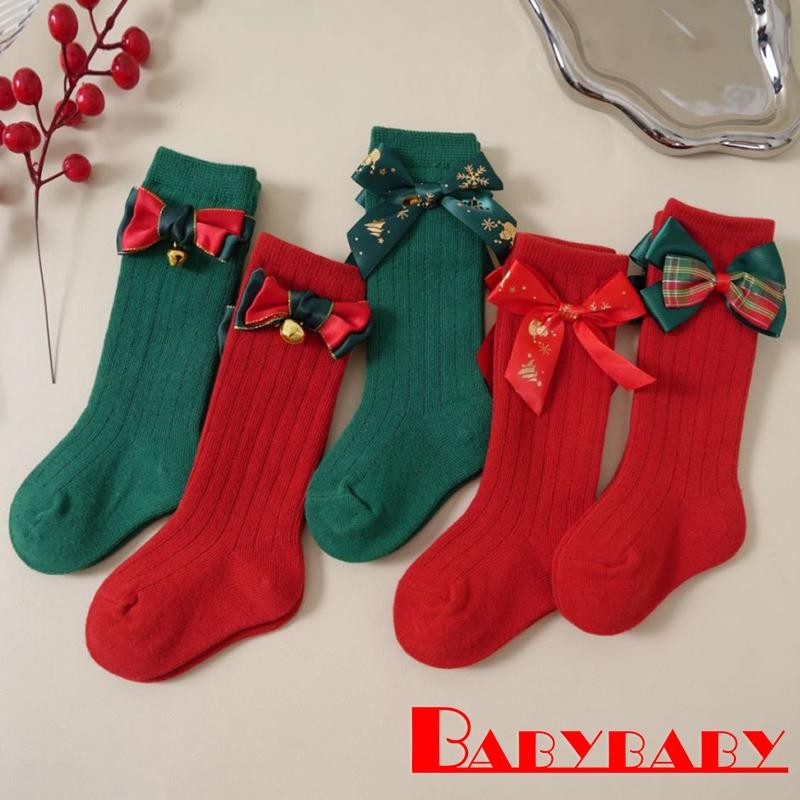 Bab-kids Christmas Socks for Girls Bells Snowflake Plaid Bowknot Decor