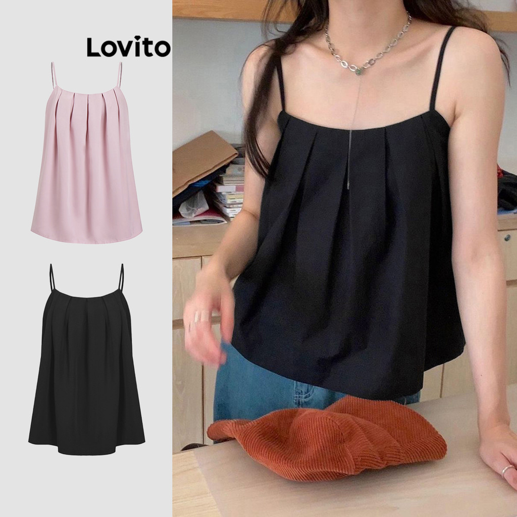 Lovito เสื้อสายเดี่ยวผู้หญิง แต่งจีบ สีพื้น สไตล์หรูหรา L89ED142(หลากสี)