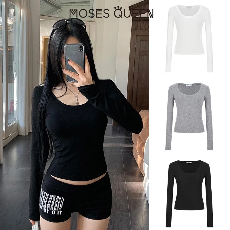 MOSESQUEEN คอต่ํา กระดูกไหปลาร้า เครื่องเทศ สาว จุดต่ําสุด เสื้อแขนยาวเสื้อยืดผู้หญิงฤดูใบไม้ร่วงและฤดูหนาวใหม่พื้นฐานภายในสแควร์ปกสวยด้ #62811