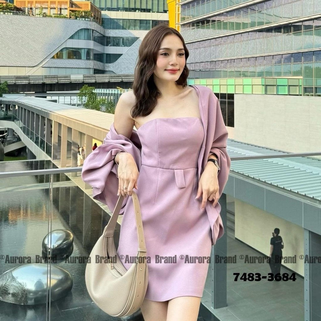 AR 7483 เดรสออกงานสีชมพูโบว์ ปรับใส่ได้2แบบ  SML XL