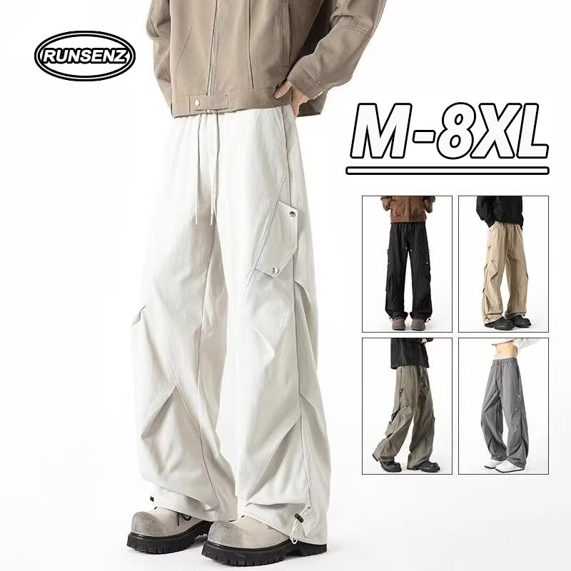 ม-8เอ็กแอล แฟชั่นญี่ปุ่นขากว้างกางเกงคาร์โก้ผู้ชายที่เรียบง่ายสบายๆหลวมขนาดบวกกางเกงขายาว