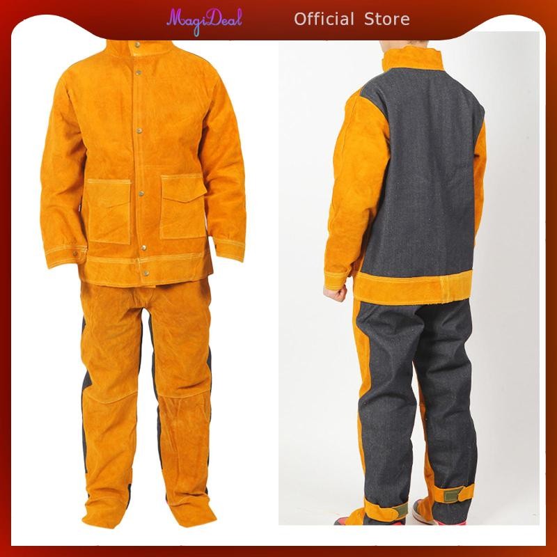 Magideal เครื่องเชื่อมชุดเสื้อแจ็คเก็ตเชื่อมกางเกงเสื้อผ้าทํางานพร้อมกระเป๋าเสื้อผ้าเชื่อม Cowhide Heavy Duty สําหรับผู้ชาย