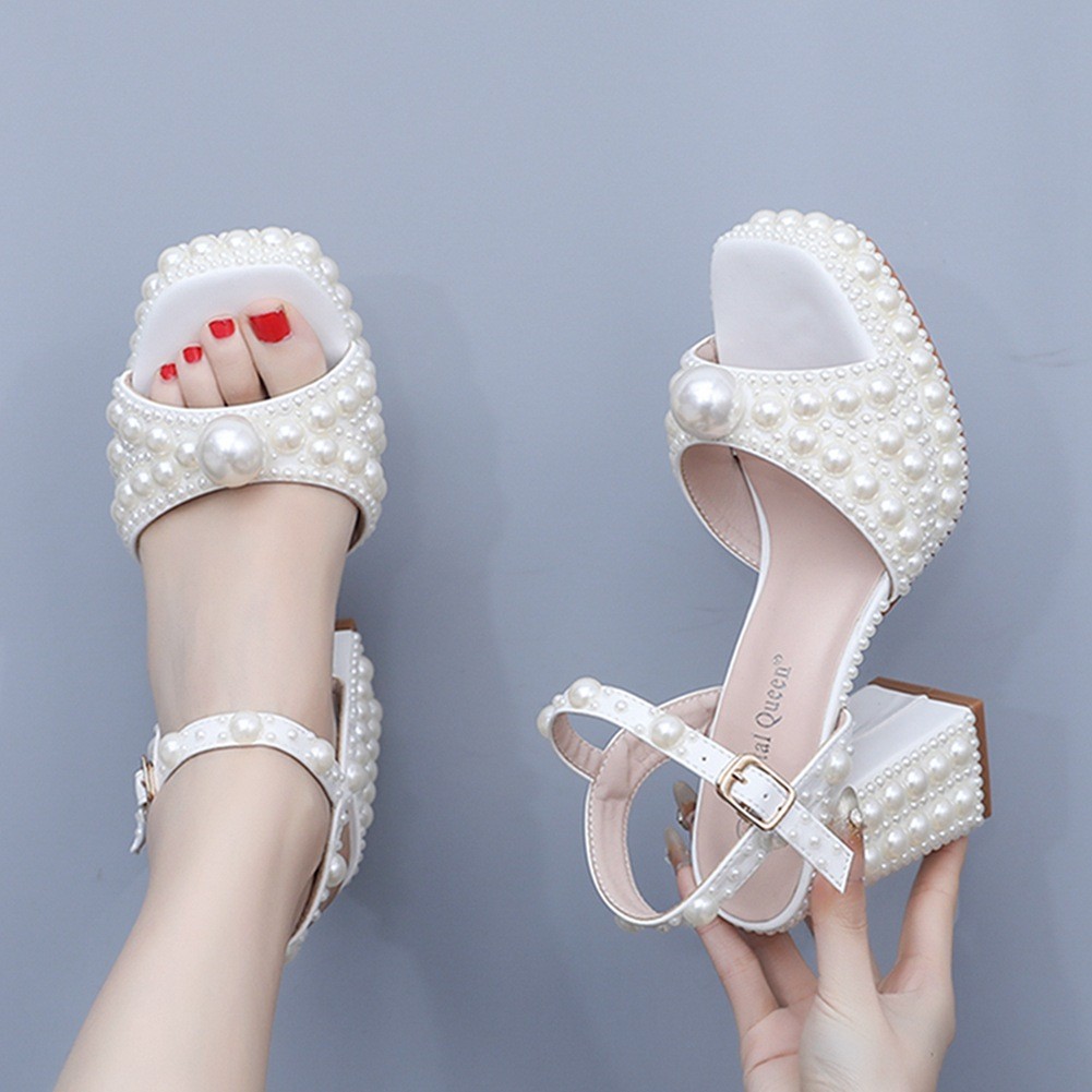 9ซม.บล็อกส้นปลาปากแพลตฟอร์มรองเท้าแตะรอบToe Square Root Blockส้นรองเท้าแตะสีขาวมุกเจ้าสาวชุดแต่งงานร