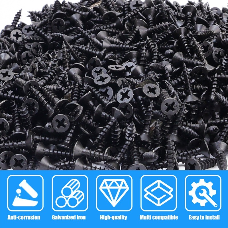 500/1000 ชิ้น สกรูหัวแบนฟิลลิปส์สีดำ / 16mm สกรูเกลียวปล่อย / อุปกรณ์ซ่อมแซมเฟอร์นิเจอร์ - รูปที่ 5