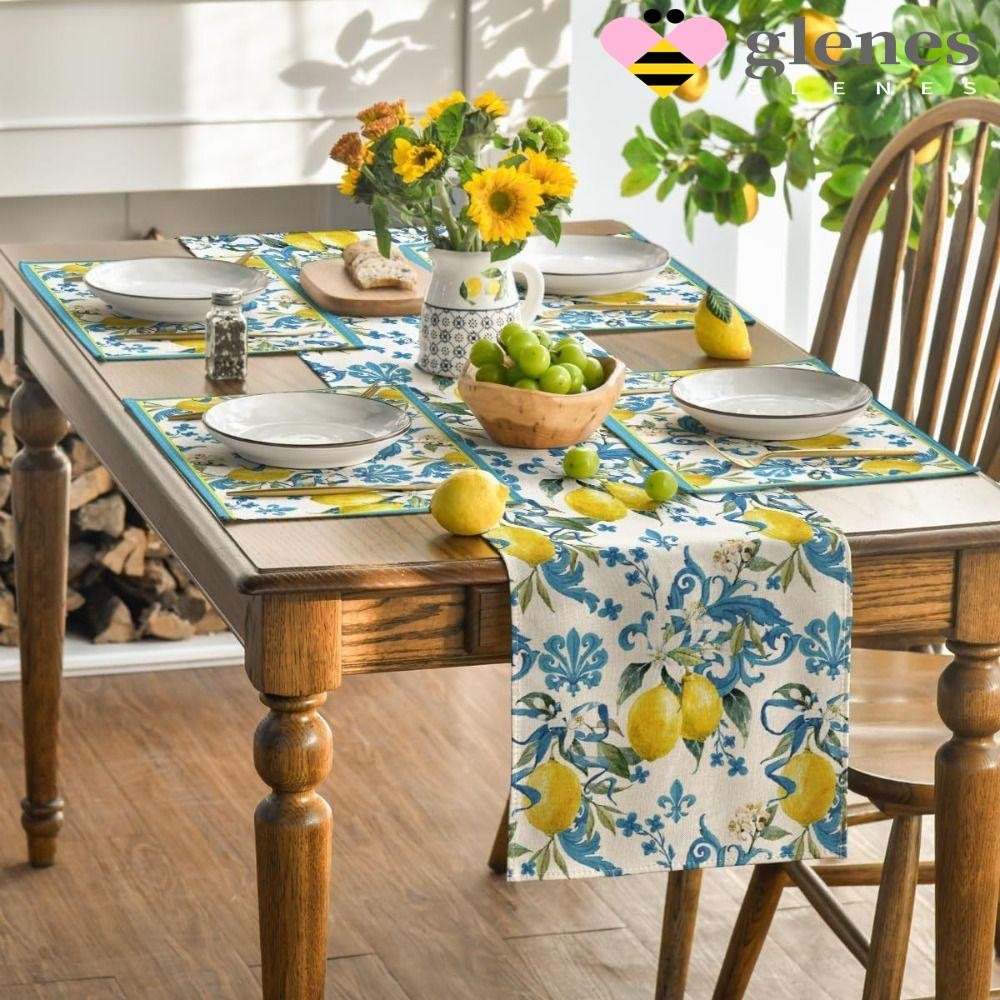 เกลเนส นักวิ่งตารางผ้าลินินมะนาวสีฟ้า,วินเทจนํามาใช้ใหม่ตารางปก,ตกแต่งบ้านไฮเดรนเยียสีม่วงดอกไม้พิมพ์ผ้าปูโต๊ะฟาร์มเฮาส์