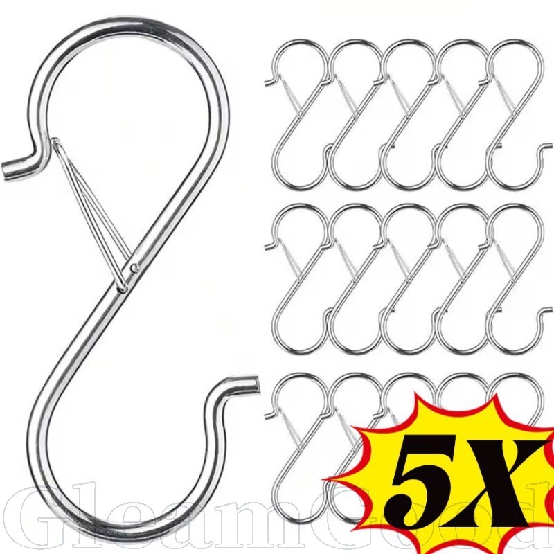 5 ชิ้นทนทานเหล็ก S-Type ตะขอพร้อมหัวเข็มขัดล็อค, เงินตะขอแขวน Anti-Drop, 9 ซม.Windproof Double Hooks สําหรับ Heavy Duty ใช้