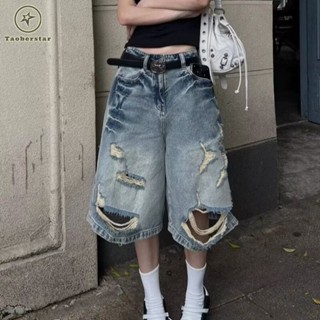 Taoberstar Mens High Street Water Washed Hole Denim Shorts