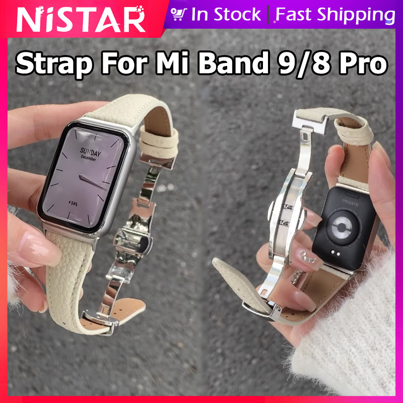 Nistar คลาสสิกลิ้นจี่รูปแบบสายหนังแท้สําหรับ Mi Band 9Pro 8Pro/Redmi 5 Active 4 3 lite,22 มม.นาฬิกาสมาร์ทโลหะพับหัวเข็มขัดสร้อยข้อมือสําหรับ Xiaomi Watch S4 S3 S2 S1 46 มม.