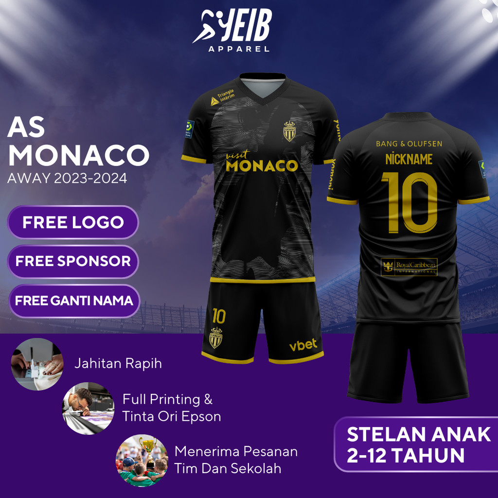 AS MONACO AWAY KIDS FOOTBALL JERSEY 2023-2024 UEFA LEAGUE CUSTOM NAME SPONSOR CUSTOM NAME FOOTBALL J