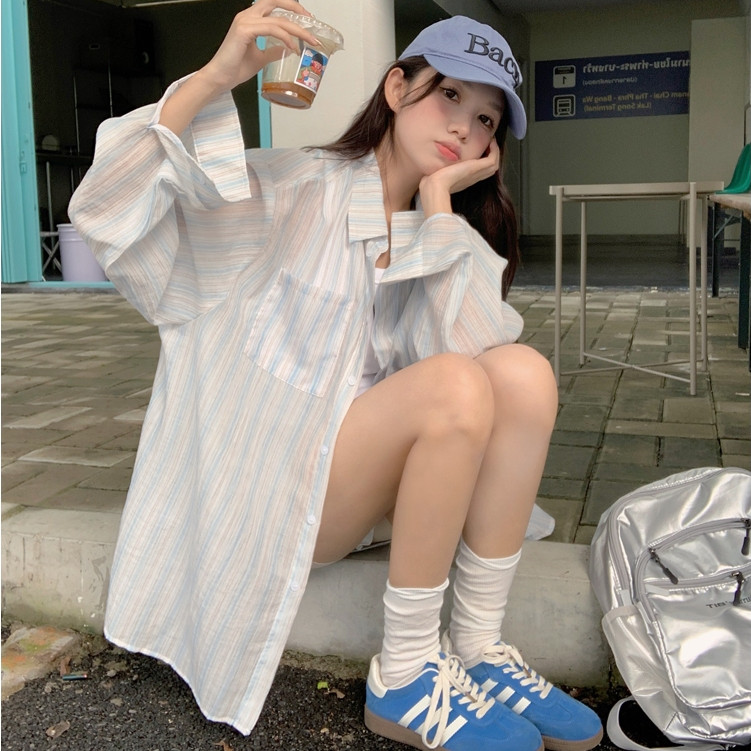 พร้อมส่ง🍃MCB140 เสื้อเชิ้ตลายทางสีฟ้า เชิ้ตแขนยาวคอปก ใส่คลุมกันแดด ใส่ไปทะเลชิคๆ ทรงหลวมผ้าบางใส่สบ