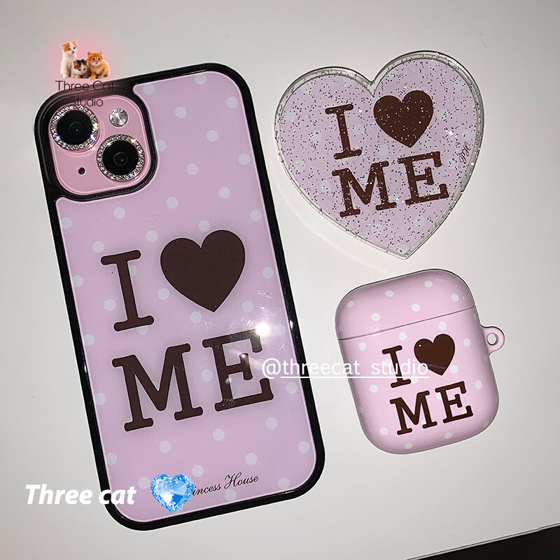 สไตล์เกาหลี Ins สาวหวานตัวอักษรหัวใจสีชมพู I Love ME Bloggers เดียวกันเคสโทรศัพท์สําหรับ Iphone16promax/15pro/15/14/13/12/11 สีดํา-border เคสป้องกัน Xsmax