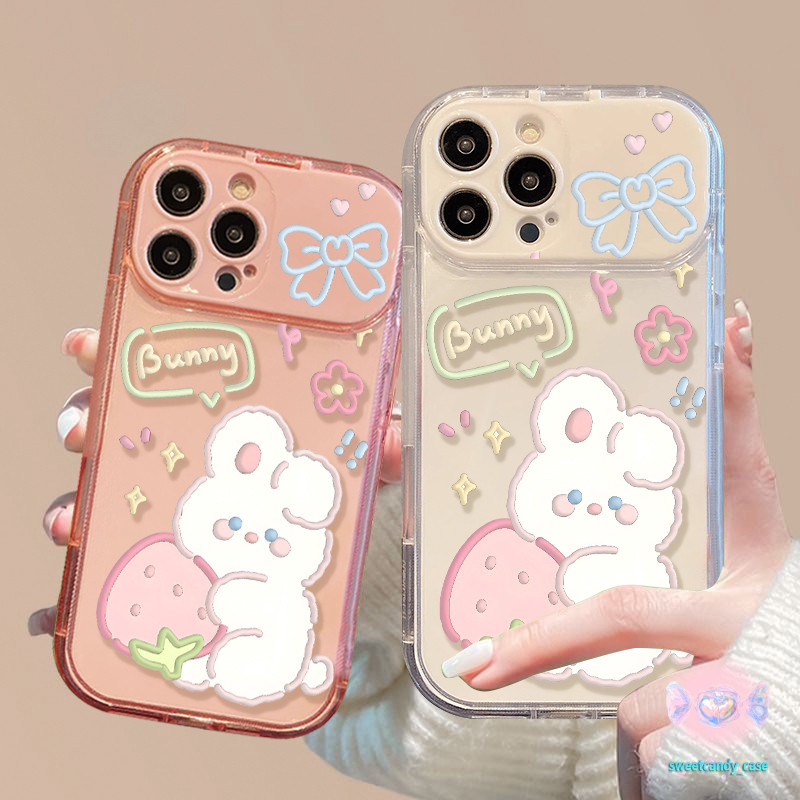 จัดส่งในพื้นที่ เคสกระจกแต่งหน้า การ์ตูน กระต่ายตัวเล็ก ๆ สตรอเบอร์รี่ สําหรับIPhone16 15 14 13 8plus Pro Promax XR XS