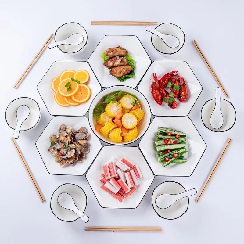 HEXAGONAL DISH SET พร้อมการพิมพ์สีดําคุณภาพสูง, UNIQUE HONEYCOMB-SHAPED HEXAGONAL PORCELAIN DISH SET