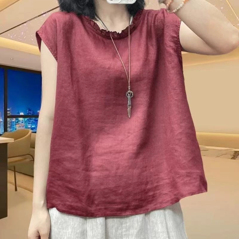 2025 เสื้อเชิ้ตผ้าฝ้ายลินินแขนกุดคอวีขอบระบายใหม่สำหรับผู้หญิงในฤดูร้อน