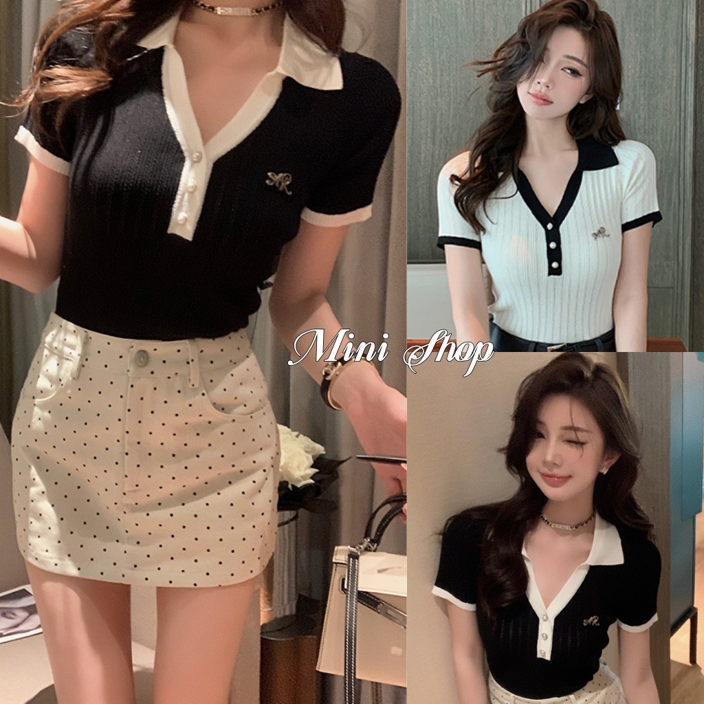 Mini shop🌸พร้อมส่ง🌸(W-J069) เสื้อครอป คอวี ไหมพรม แขนสั้น คอกลม สีขาวดำ สไตล์ลำลอง