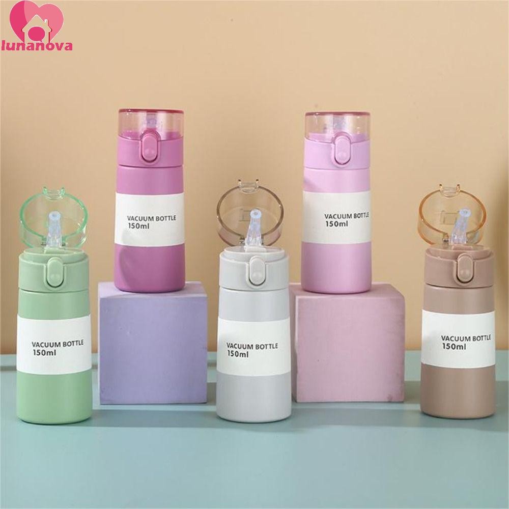 LUNANOVA ถ้วยฉนวนกระเป๋า,สแตนเลสเปิดด้วยปุ่มเดียวถ้วยเก็บความร้อนขนาดเล็ก,กระติกน้ําร้อน 150/250mlพร้อมหลอดแก้วเก็บความร้อนป้องกันการรั่วเด็กผู้หญิงเด็ก