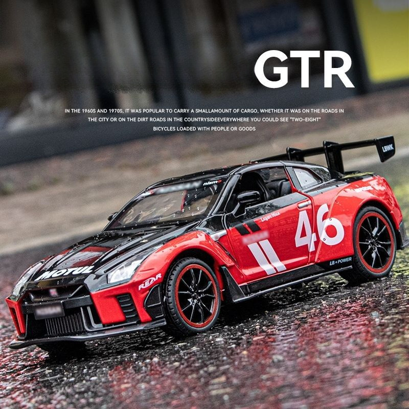 โมเดลรถแข่ง GTR ขนาด 1:22 โลหะผสม เสียงและแสง ของเล่นดึงกลับสำหรับเด็กผู้ชาย