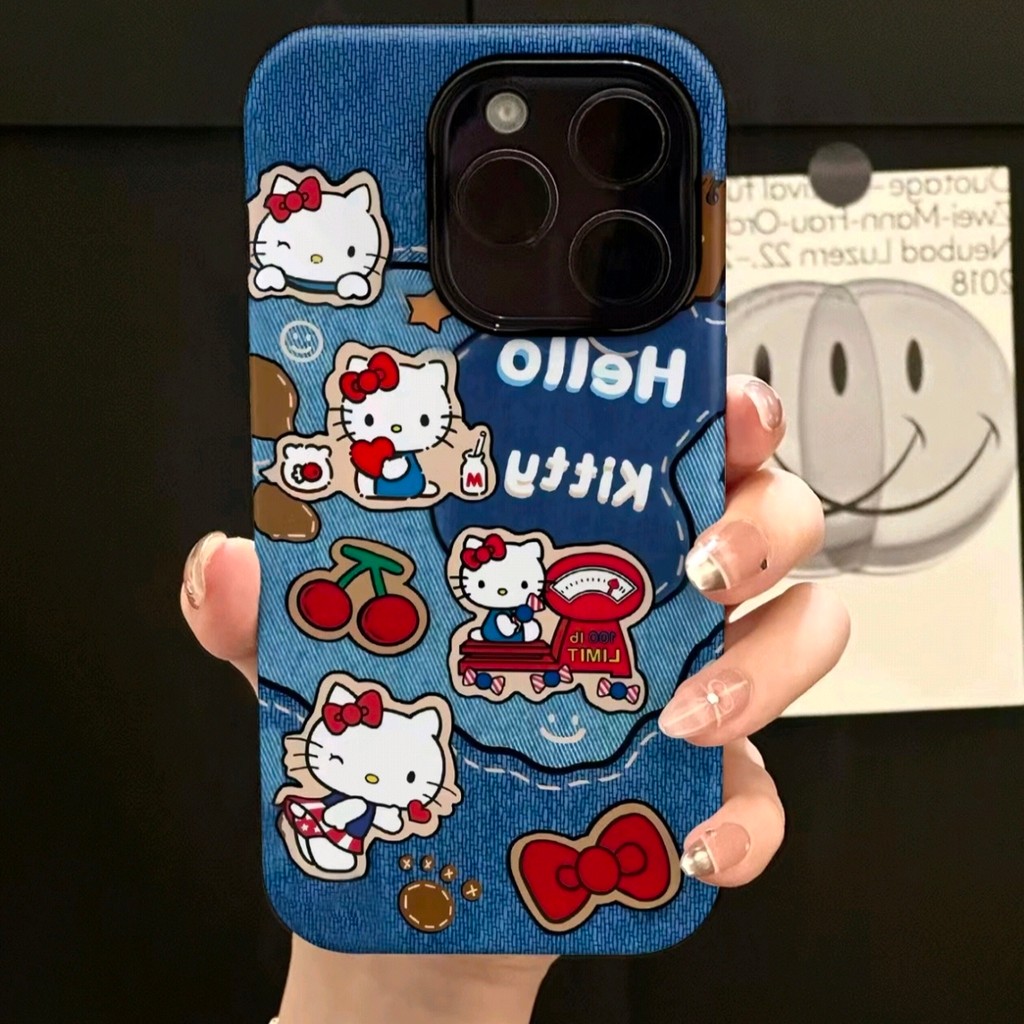 รูปแบบคาวบอย Love Cherry Hello Kitty 2-in-1 สําหรับ Apple 16 Pro Max iPhone 15 Dual Layer 14 Pro Film 13/12/11 Pro Max 7/8p Xs Max กันกระแทกฝาครอบป้องกัน