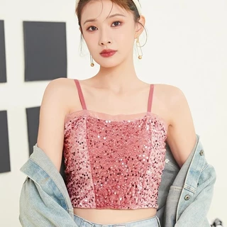 #452 เสื้อครอป สายเดี่ยว เซ็กซี่เงาวิบวับ สม็อคหลังสุดน่ารัก ไสตล์เกาหลี ใส่ได้ทุกโอกาส สดใส