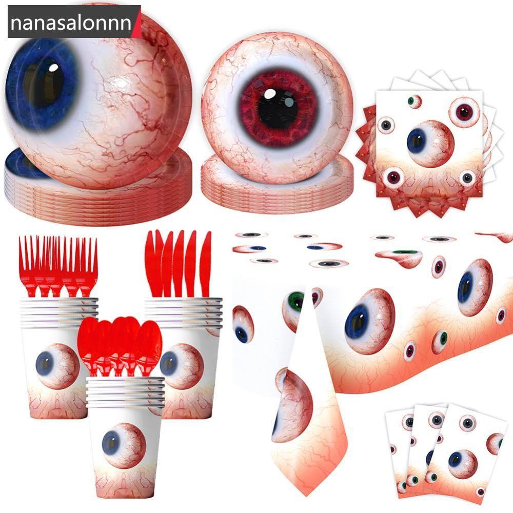 NNL Halloween Eyeball Theme Party Supplies ชุดน่ากลัวทิ้งชุดบนโต๊ะอาหารแผ่น/Napkins/Banner/ผ้าปูโต๊ะ