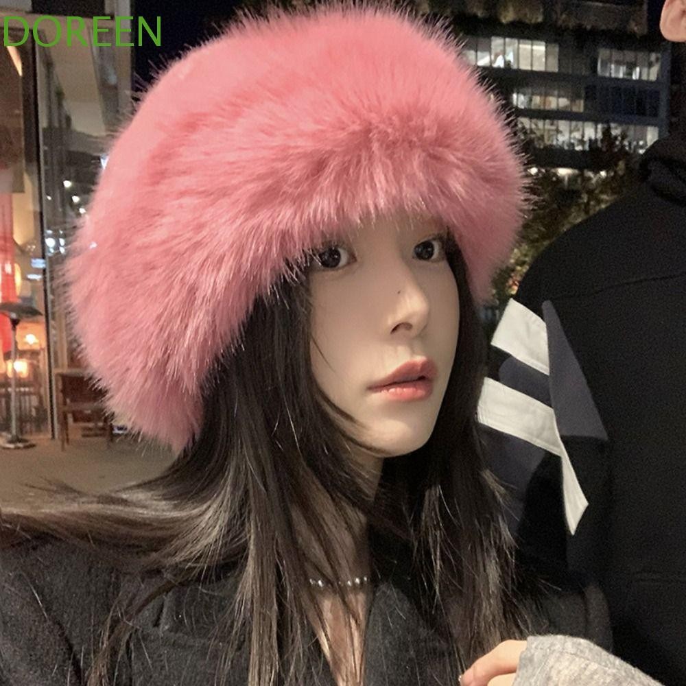 Doreen Faux Fur Bucket Hat, เกาหลี Warm Luxury Plush หมวก, อินเทรนด์ Casual Thicken Snowy Day ฤดูหนาว Fluffy หมวก Lady