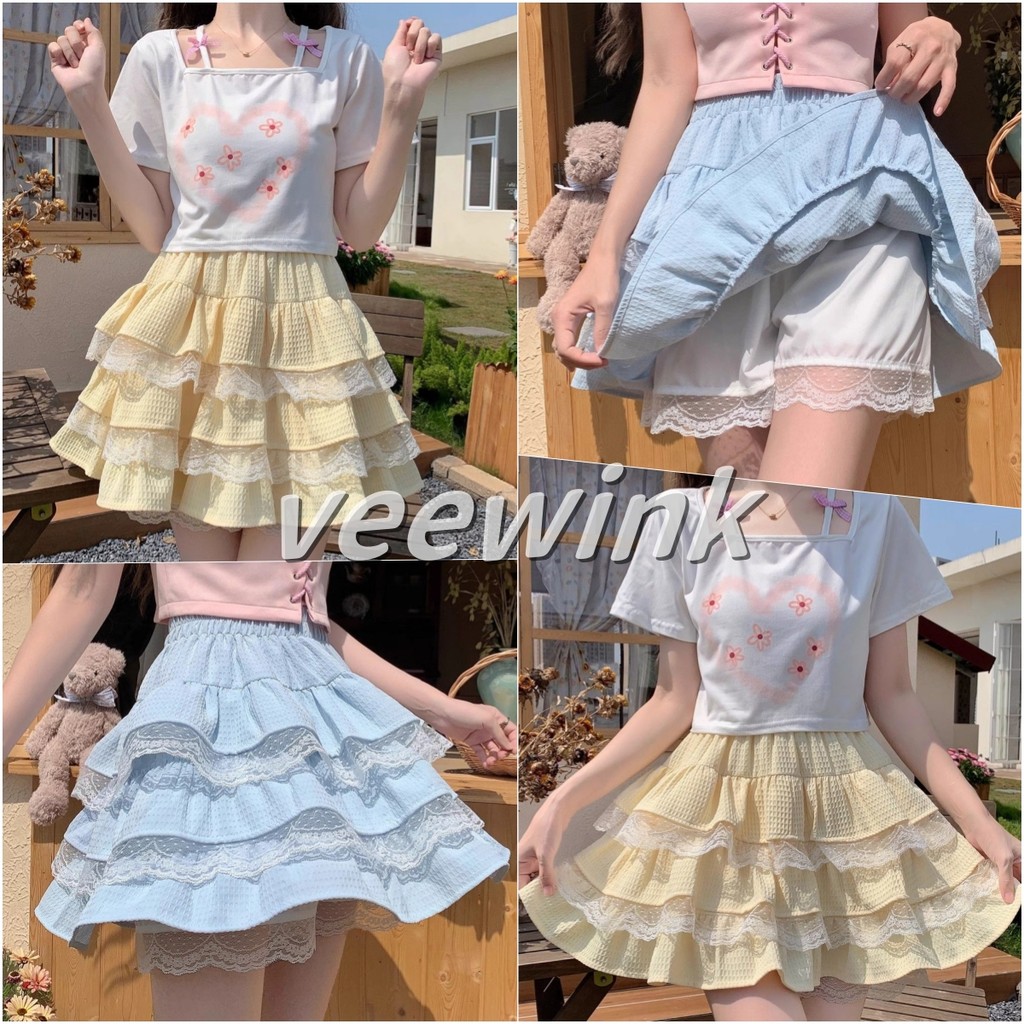 Veewink พร้อมส่งจากกทม กระโปรงสั้นแต่งระบาย สไตล์บัลเล่ต์ มีซับใน เอวสม็อก