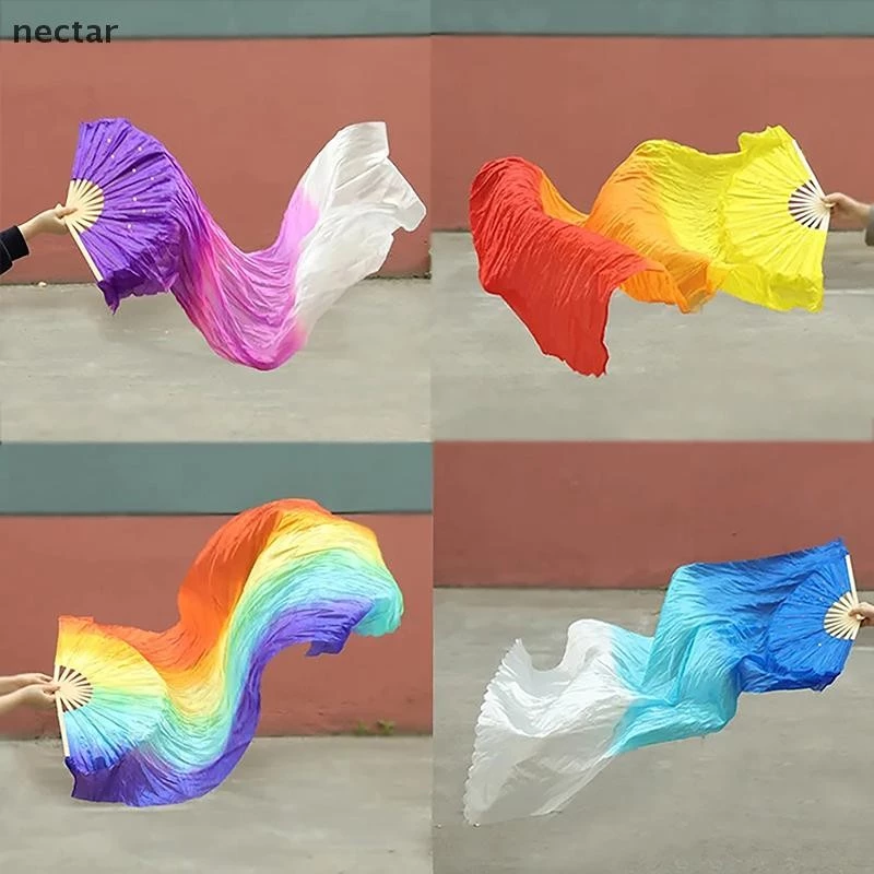 Tar ขวามือ 150 ซม.ความยาวพัดลมเต้นรําขายร้อน Ms.Belly Gradient สี Dancer Practice ยาวเลียนแบบ Dance Props พัดลมผ้าไหม N