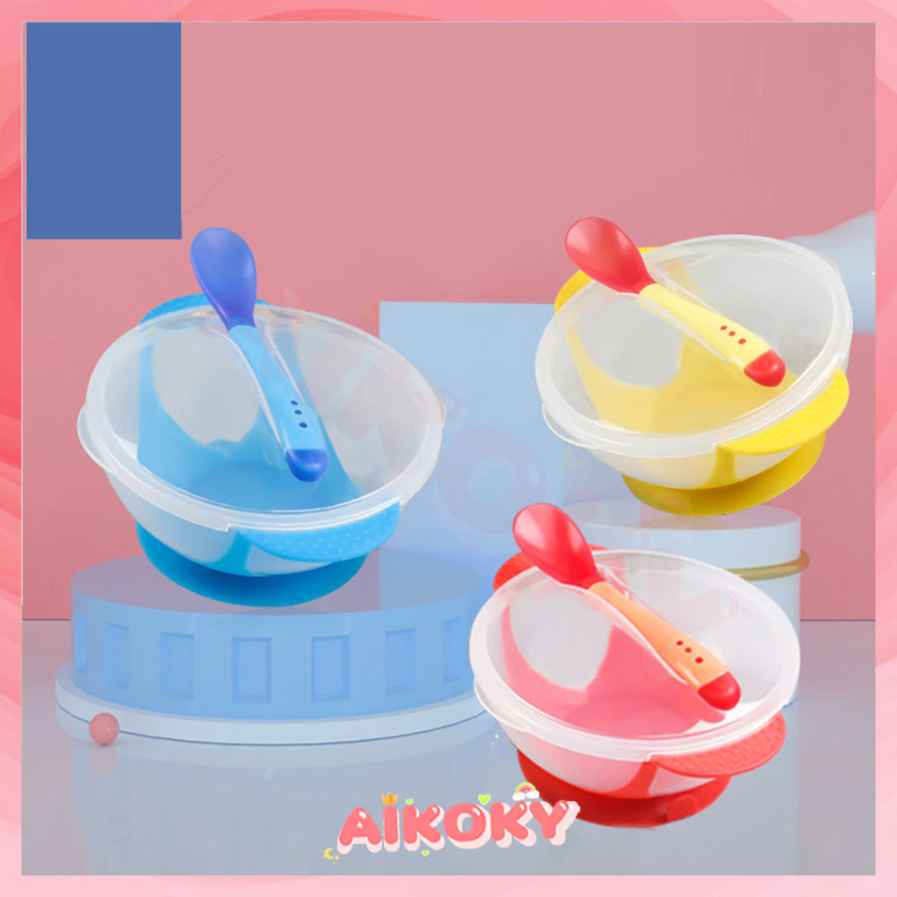 AIKOKY ชามซิลิโคน ชามสำหรับเด็ก จานชามเด็ก (BPA FREE)-ชามข้าวเด็ก ชุดอาหาร มีช้อนและฝาปิด