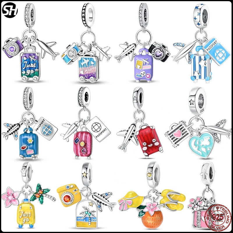 925 เงินสเตอร์ลิงแฟชั่นกระเป๋าเดินทางที่มีสีสัน Charms ลูกปัด Fit 4 มม.เส้นผ่านศูนย์กลางรูสร้อยข้อมือ DIY เครื่องประดับครบรอบของขวัญ