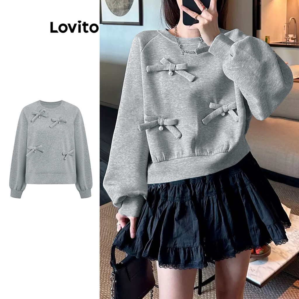 Lovito เสื้อสเวตเตอร์หน้าโบว์ธรรมดาน่ารักสำหรับผู้หญิง LAD106860