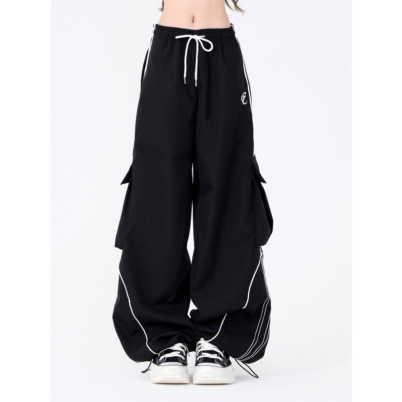 กางเกงขาตรงผู้หญิงผ้าฝ้าย drawstring เอวสูง