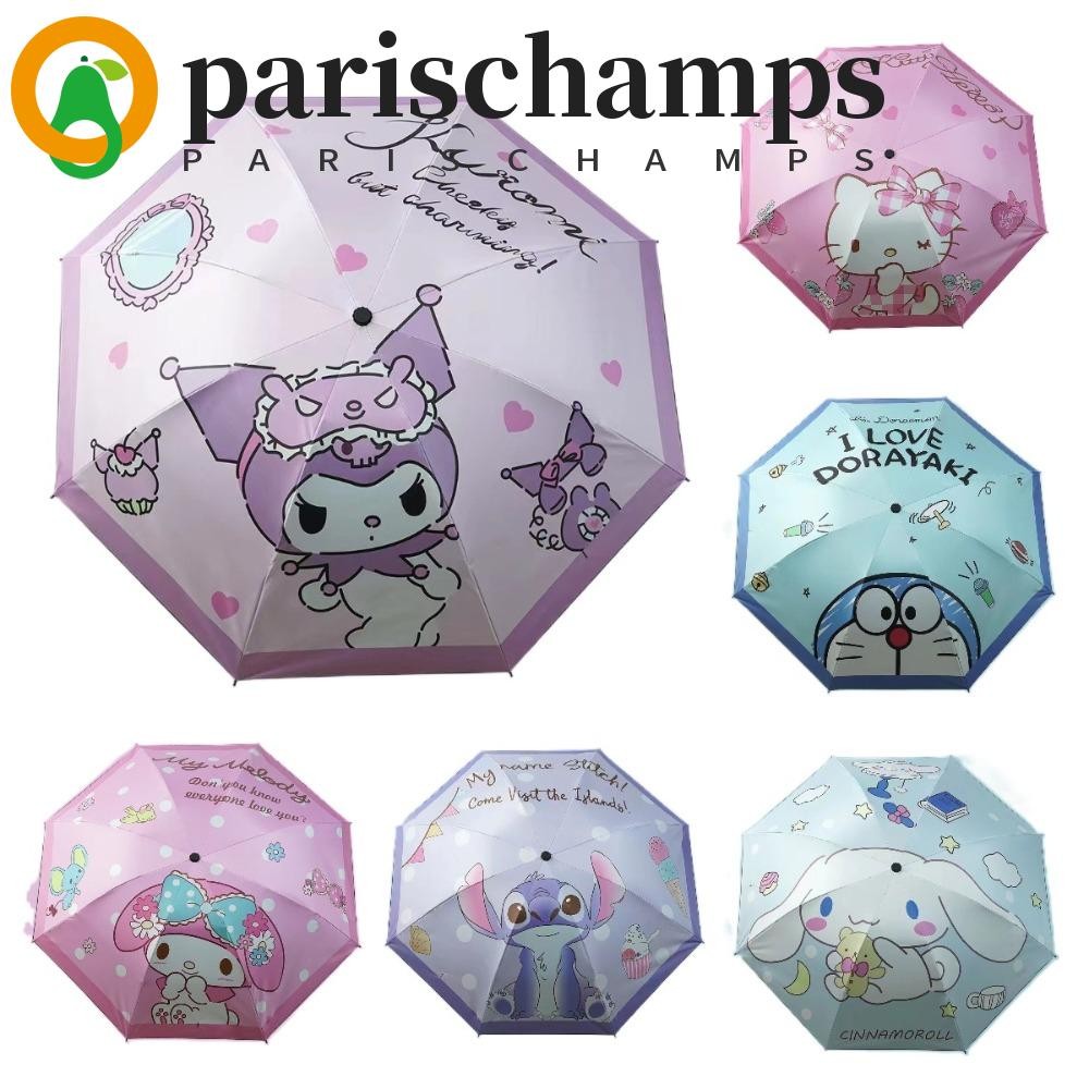 Parischamps ร่มกันแดด Kuromi, Chinnamoroll Kitty Cat Melody ร่มอัตโนมัติ, แฟชั่น Stellalou Stitch Anti-UV การ์ตูนร่มพับเด็ก