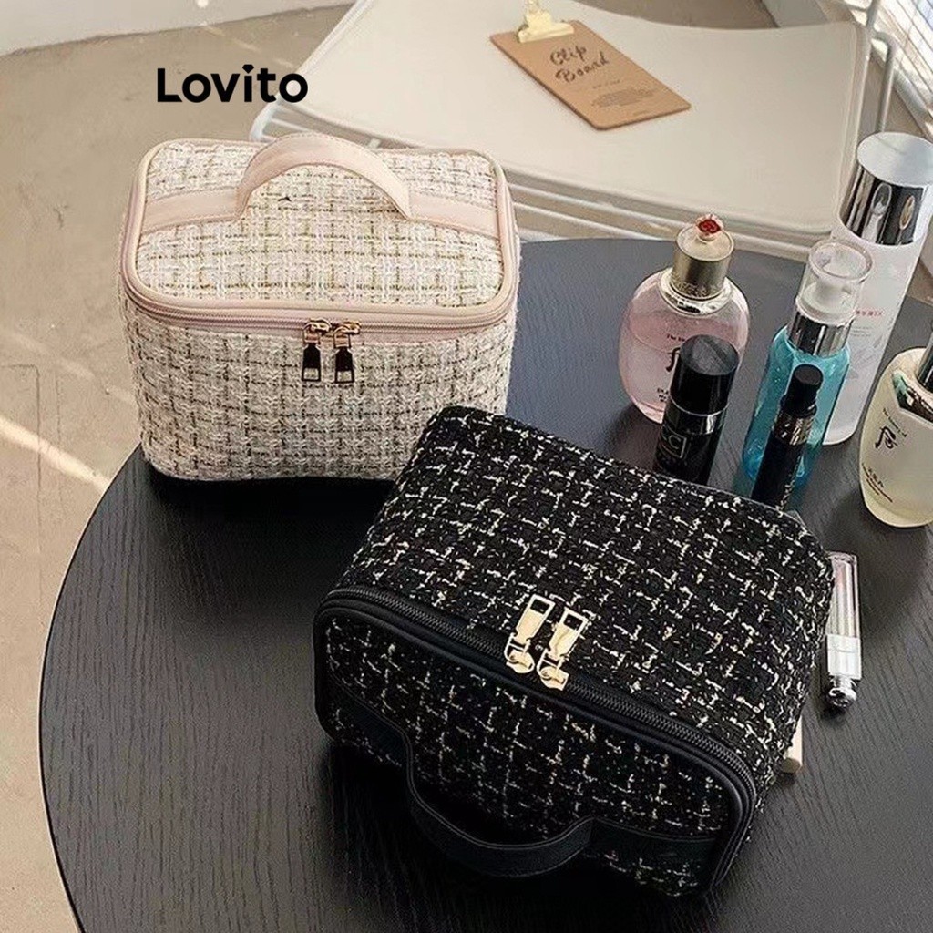 Lovito Beauty กระเป๋าเครื่องสำอาง ผ้าทวีด สไตล์เฮปเบิร์น จุของได้เยอะ สำหรับผู้หญิง LBT01065