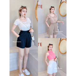 กางเกงขาสั้นเอวสูง มีกระเป๋า2ข้าง ผ้ายืดวูลเวฟ